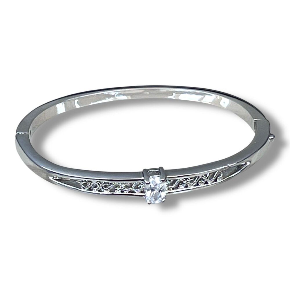 New Silver Tone CZ Bangle Bracelet Hinged Cubic Zirconia - 1B